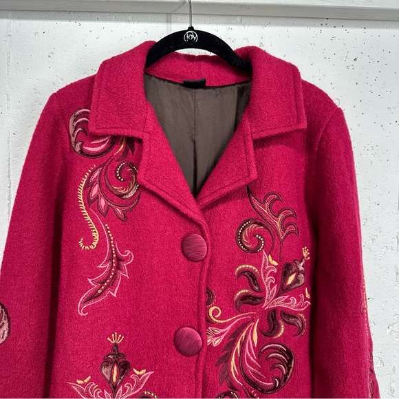 CoVelo Jackets & Coats Coveli Size Small Red Pink Wool Mid Length Boiled Wool Embroidered